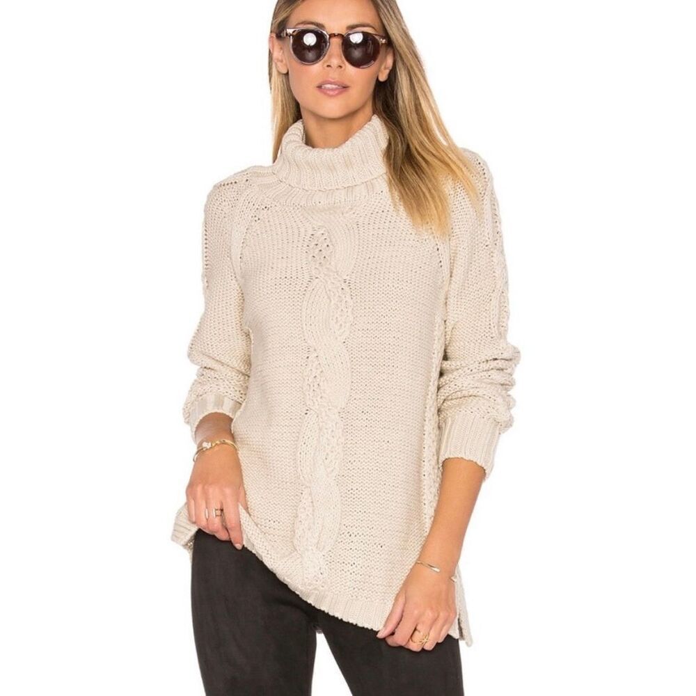 525 America Chunky Cotton Fisherman Cable‎ Knit Turtleneck Sweater Beige M